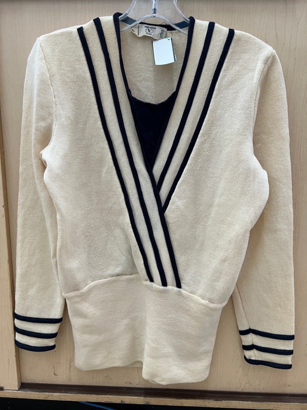 Valentino Cream V-Neck Sweater with Navy Stripe Trim